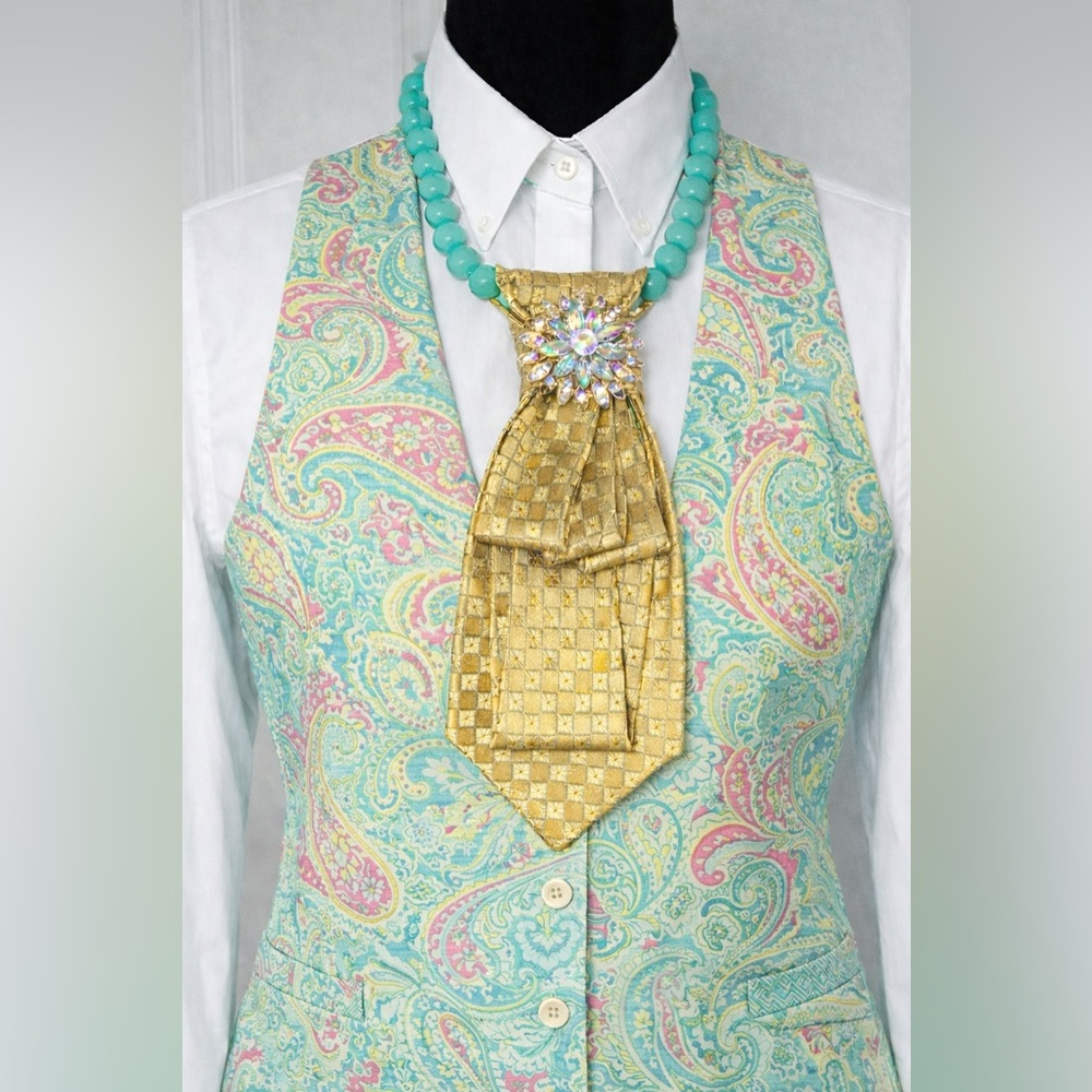 SIENNA COLLEZIONE Golden Yellow Necktie Necklace Crystal Brooch Aqua Green Beads